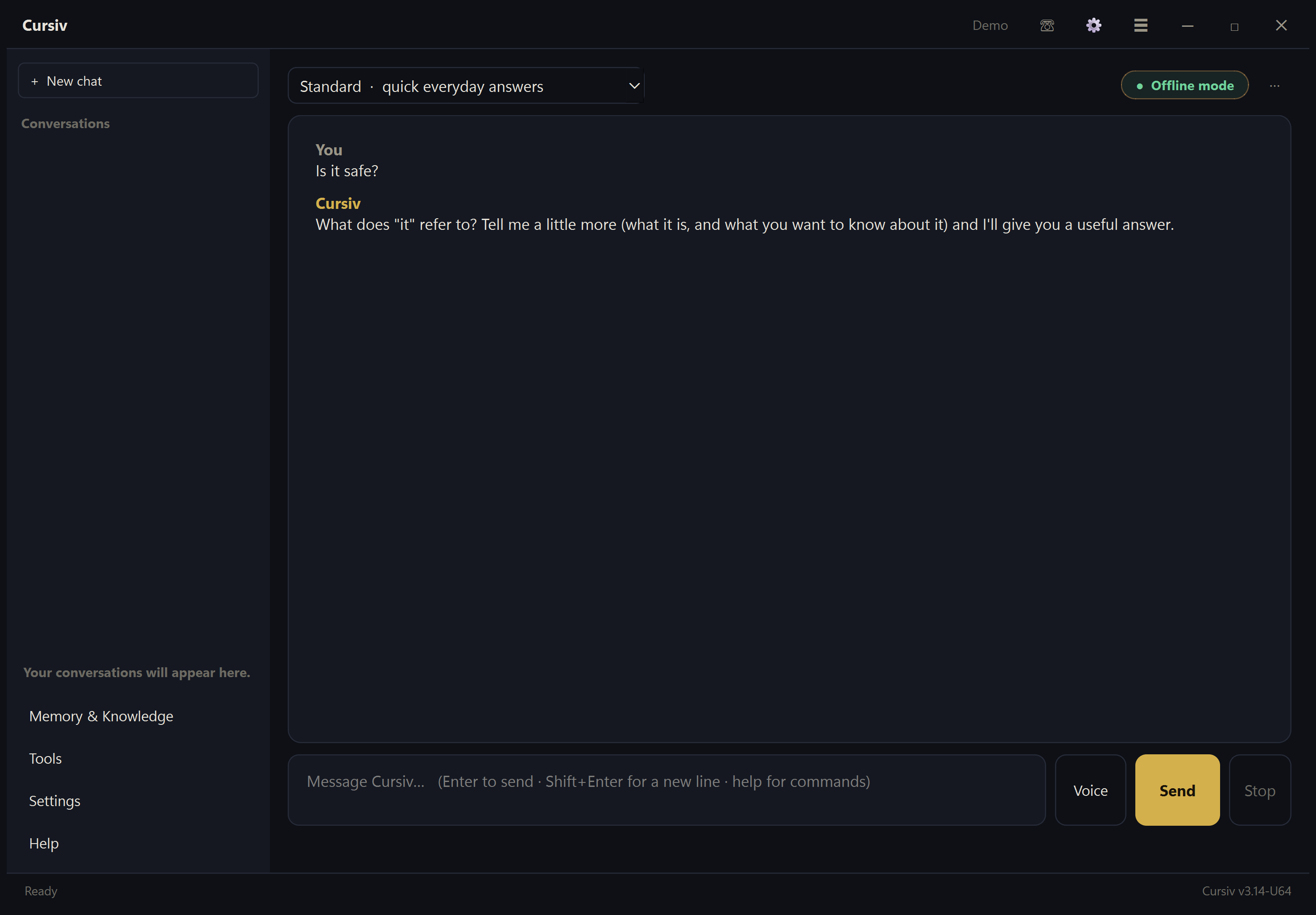Dated offline Cursiv chat example in dark mode
